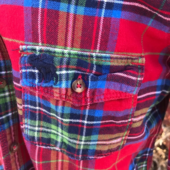 🍁Abercrombie&Fitch Red Plaid CottonFlannel Perfect Holiday Layering SzL Slimfit - Picture 4 of 11